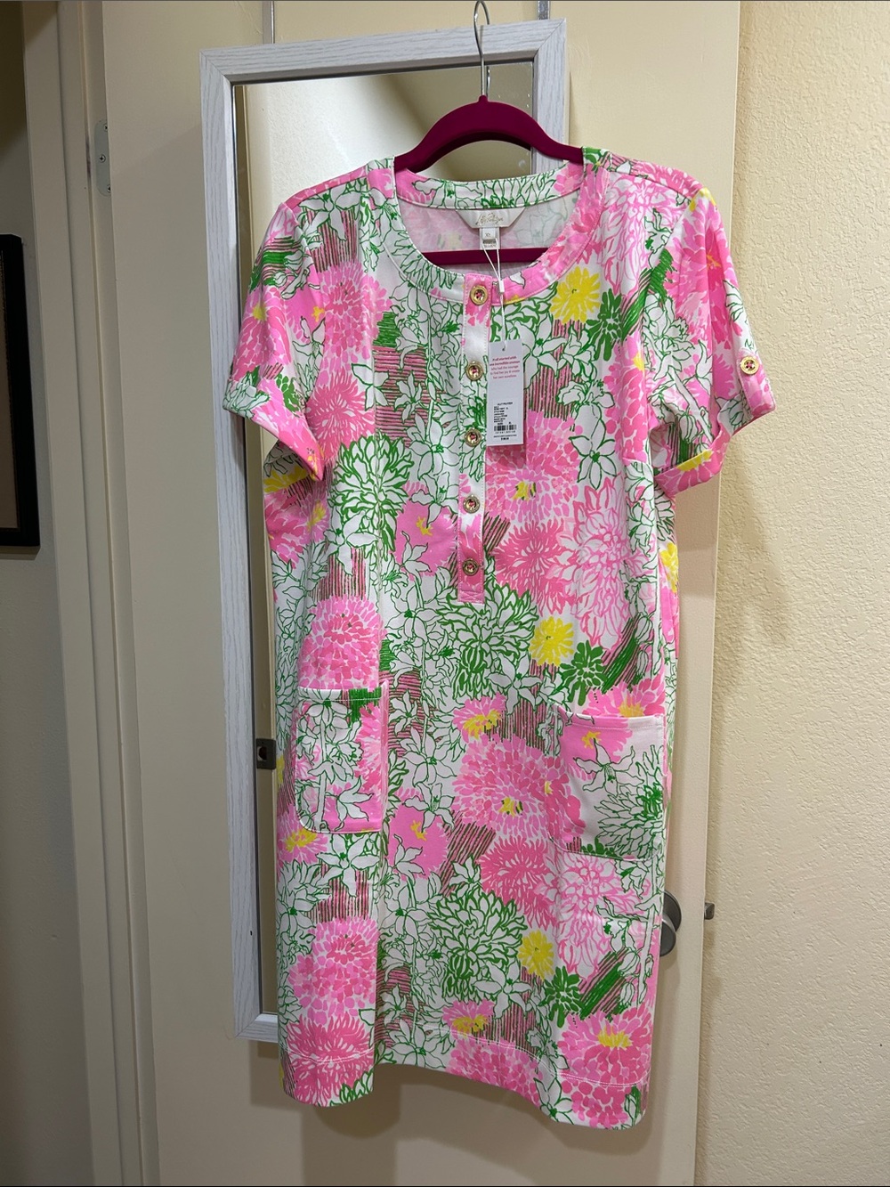 Lilly Pulitzer Pink Floral Button-Front Short Sleeve Dress  - Cameron dress